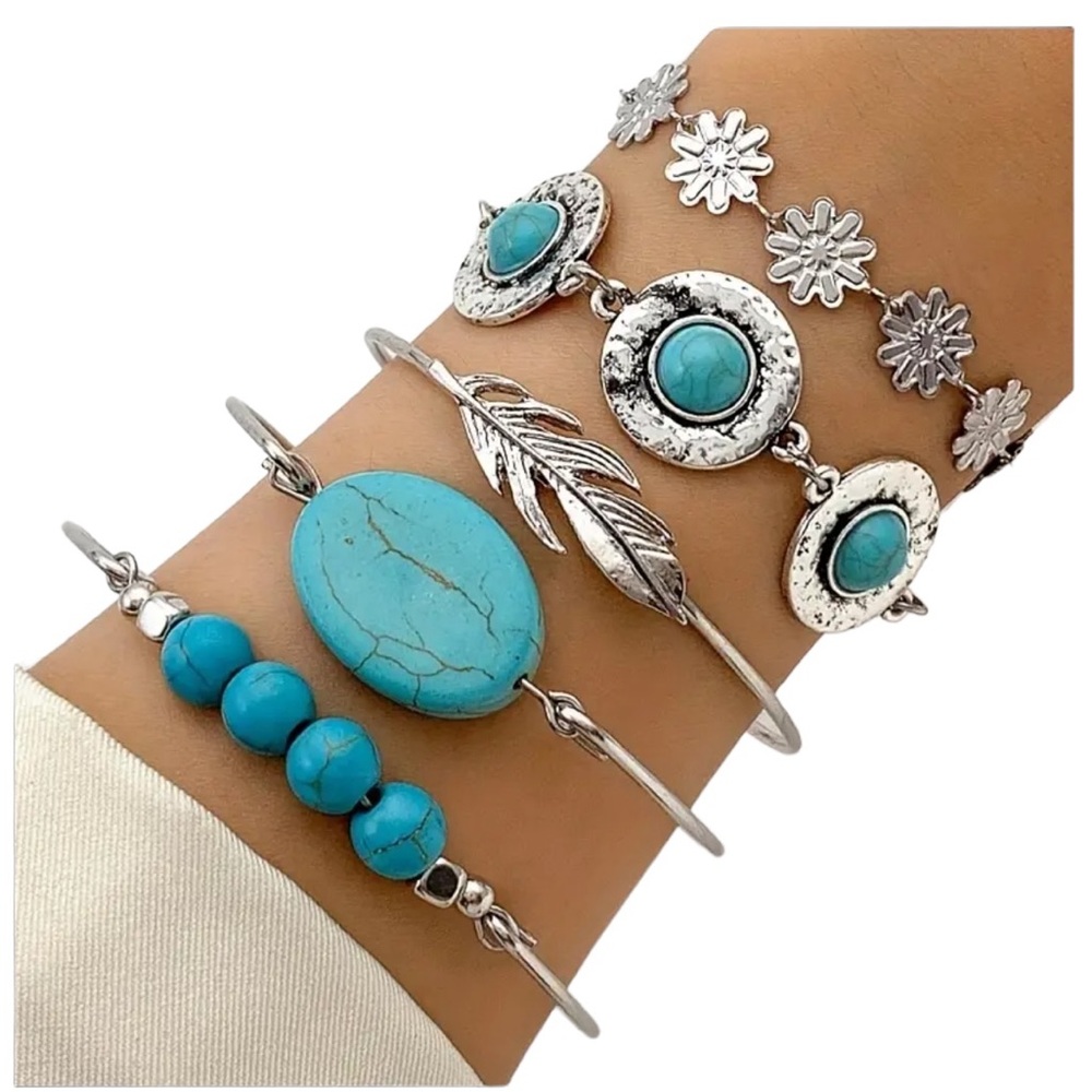 Bohemian Style Silver and Turquoise Bracelet Set
